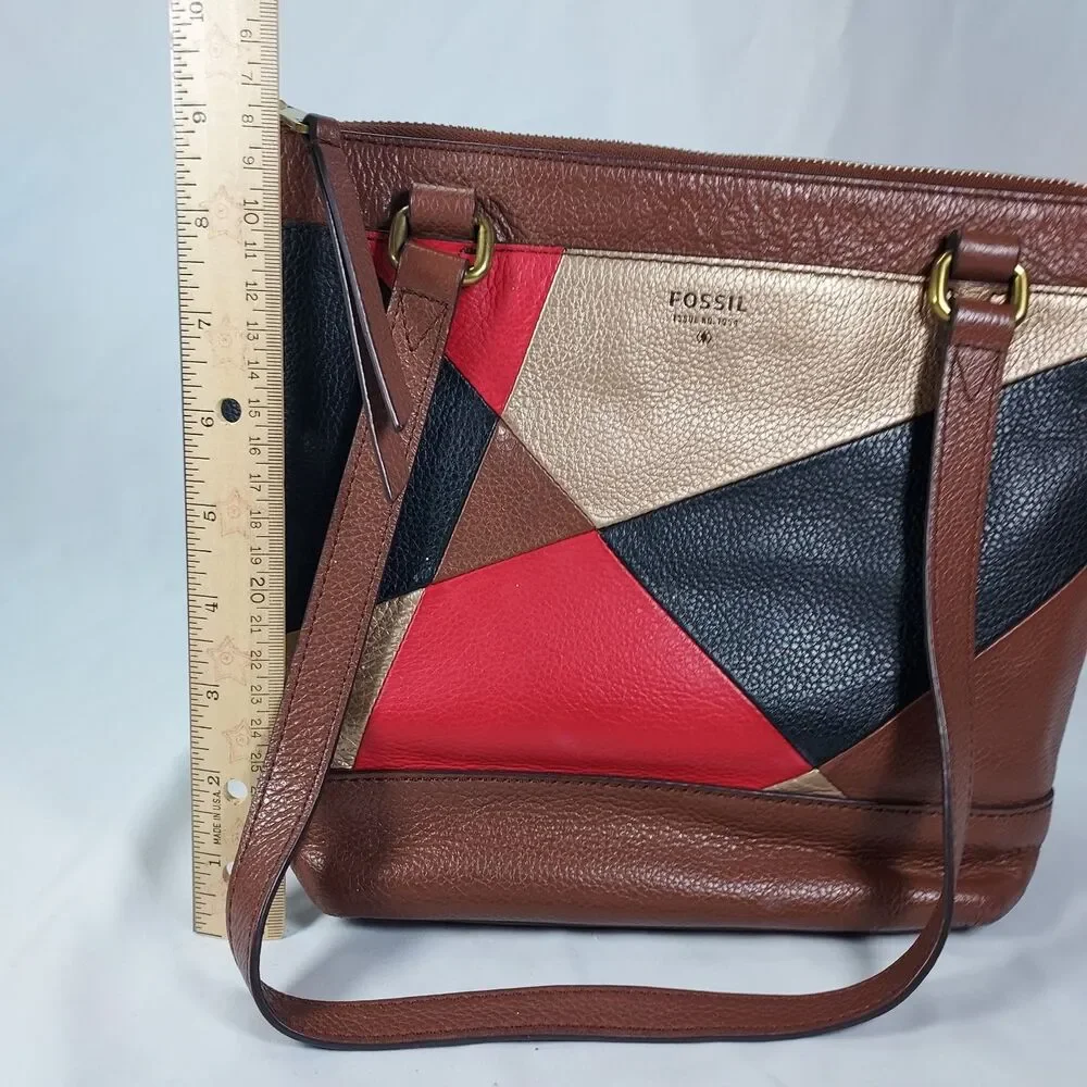 Fossil Issue No 1954 Patchwork Leather Tote Bag Multicolor Brown Shoulder Purse